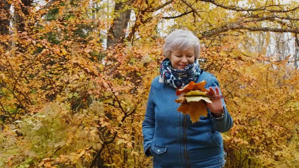 Elderly Woman Walks in the Park in Autumn and Relaxes.