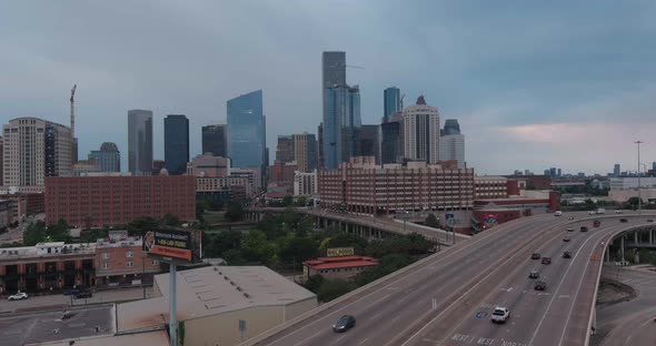 Drone view of downtown Houston on a cloudy day