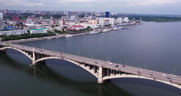 Automobile Bridge Over the River Drone