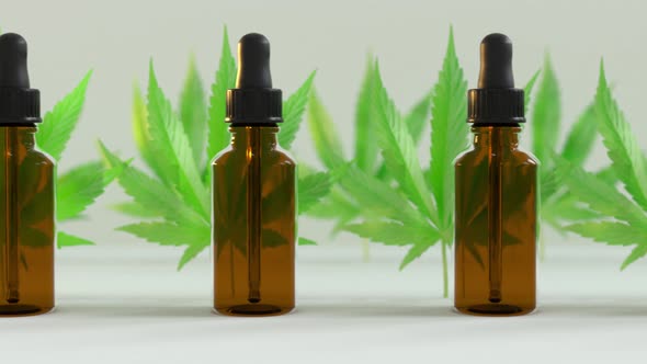 Seamless Loop of A lot of CBD oil bottles with marijuana or cannabis oil leafs in between. White bra