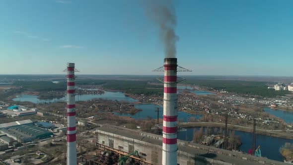 Aerial View of Smoking Chimneys of CHP Plant, Coal-fired Power Station