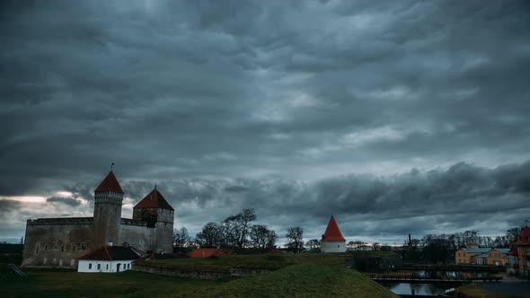 Kuressaare, Saaremaa Island, Estonia. Time-lapse Time Lapse Timelapse Episcopal Castle In Evening