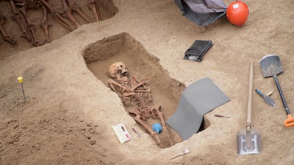 Archaeological Site with Skeleton in Grave in Good Condition From Archaeological Excavations of