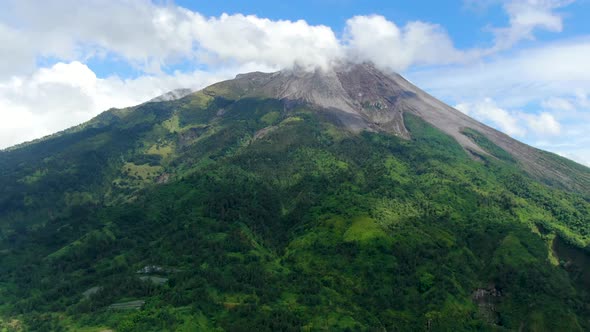 Tropical landscape of active volcano Mount Merapi, Java, Indonesia, aerial view