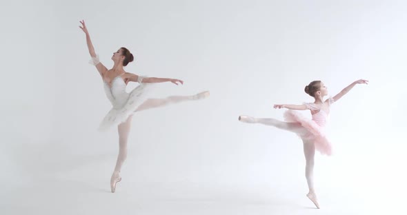 Young Female and Little Girl in a White Tutu Dance Ballet and Perform Choreographic Elements on a