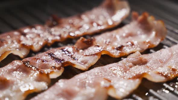 Bacon on the Frying Pan, Bacon Is Frying, Cooking the Meat, English Breakfast