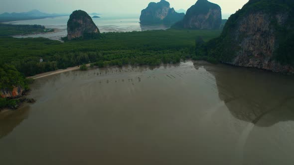 Aerial view over the bay, beautiful limestone mountains on the beach