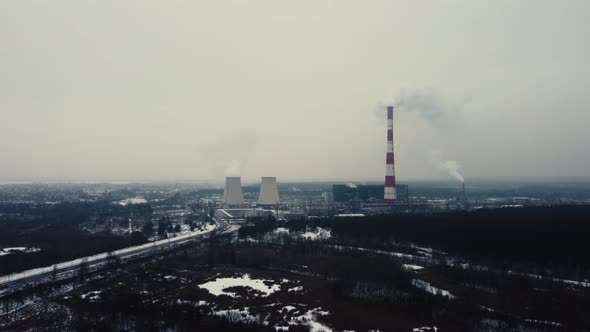 Coal fired power plant. gas emissions into the atmosphere. winter landscape. Aerial view.