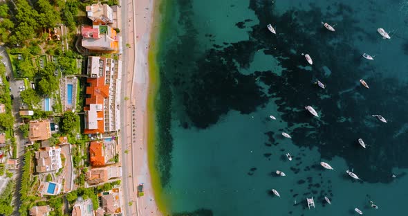 Aerial View of Summer Resort Town Port De Soller on Majorca Island Sandy Beach Boats Yachts Clear