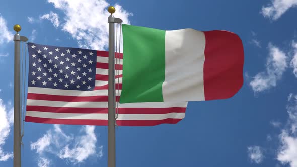 Usa Flag Vs Italy Flag On Flagpole