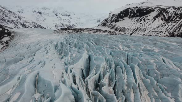 Aerial view of Svinafellsjokull Glacier in wintertime in Iceland.