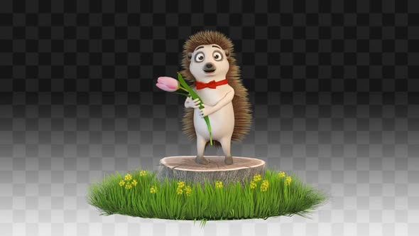 Hedgehog Dancing With A Flower On A Stump