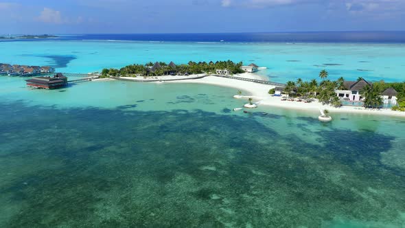 Aerial view of resort on Maadhoo, South Male Atoll, Maldives