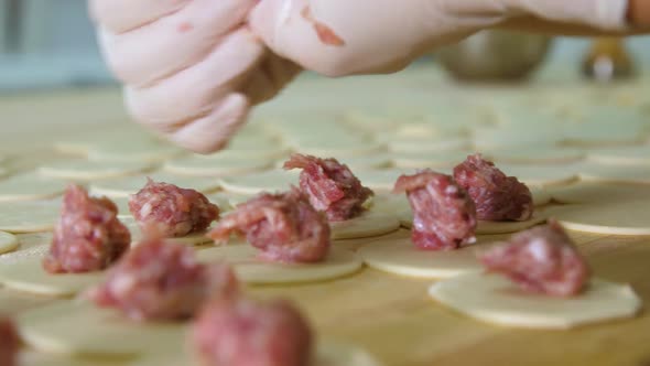 The Hands of the Cook Lay Out Pieces of Minced Meat on the Dough for Making Dumplings