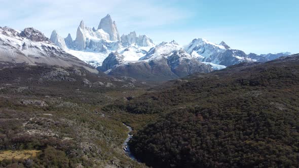 Aerial view of Fitz Roy mountain in Los Glaciares National Park in El Chalten city - Patagonia Argen