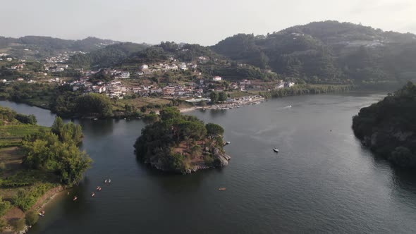 Aerial parallax Small Island confluence of the river Paiva with the Douro Scenery