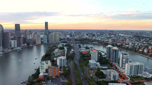 Panoramic View Of Southern Suburbs In Kangaroo Point With Cars Driving Across The Story Bridge In Br