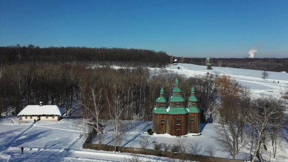 Winter landscape. Aerial view. Traditional Ukrainian village in winter