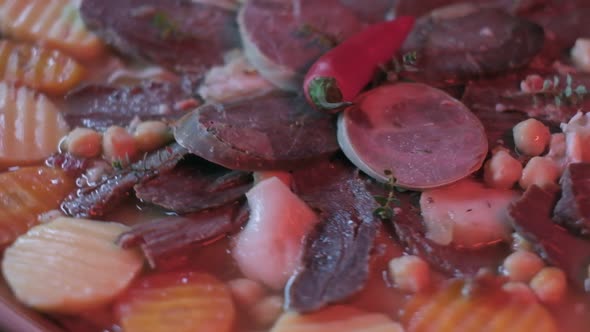 Closeup of National Kazakh Dish Beshbarmak Made of Veggies