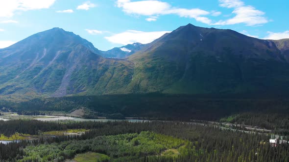 4K Drone Video of Beautiful Mountain Range above Chulitna River near Denali National Park and Preser