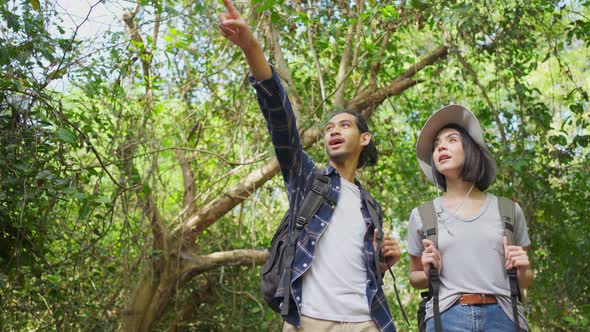 Asian young couple feeling fresh and relax while traveling in the forest together on holiday trip.