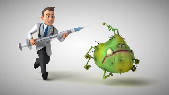 3D Animation of a fun doctor chasing a virus with a vaccine