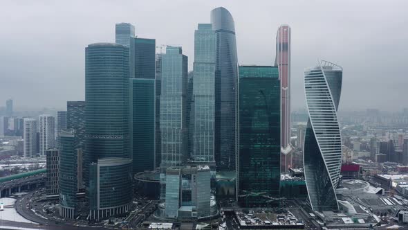 Aerial Drone Shot of Moscow City Skyscrapers at Cloudy Winter Day