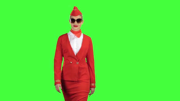 Stewardess in Sunglasses Goes and Winks. Green Screen