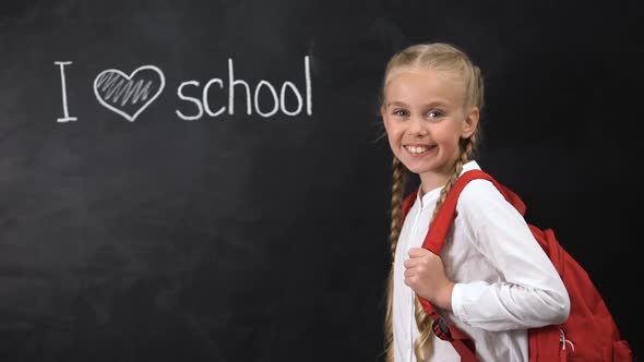 I Love School Written on Blackboard, Cute Girl Standing Near, Primary Education