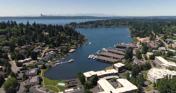 Aerial View Of Meydenbauer Bay Whalers Cove Bellevue Washington Downtown Seattle Skyline Background