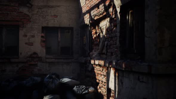 Plastic Trash Bags on Curb Outside City Building alt