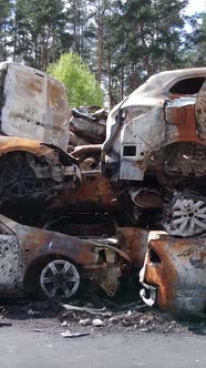 Vertical Video of Destroyed Cars in the City of Irpin Ukraine