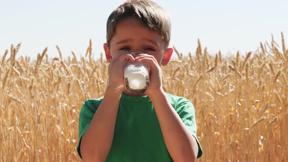 Portrait of a Little Boy. A Happy Child Drinks Milk or Milk Product From a Glass. Proper and Natural