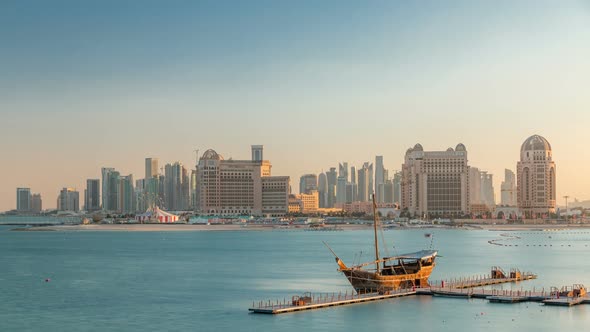 View From Katara Beach Timelapse in Doha Qatar Towards the West Bay and City Center