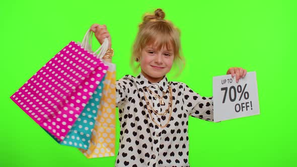 Kid Child Girl Showing Shopping Bags and Up To 70 Percent Off Inscriptions Banner Text Black Friday