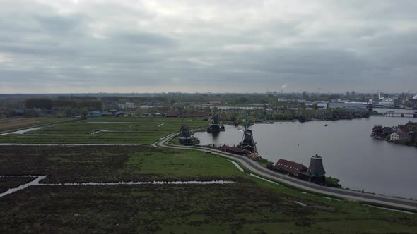 Mills in Holland at the Zaanse Schans. Aerial on a cloudy day