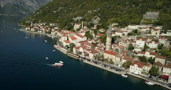 Cinematic aerial shot of Perast in Montenegro.