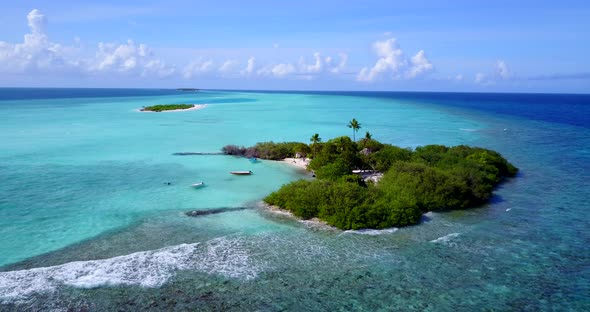 Daytime above abstract view of a sandy white paradise beach and turquoise sea background in best qua