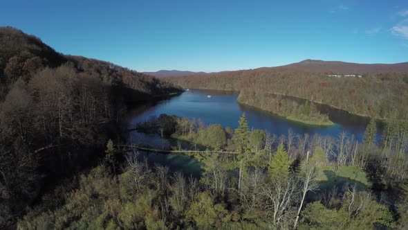 Aerial of the biggest lake of Plitvice Park