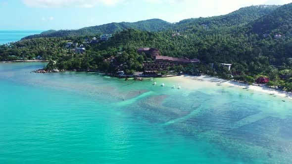 Aerial sky of perfect sea view beach journey by aqua blue sea and white sandy background of adventur