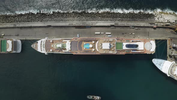 Top down aerial view of cruise ship