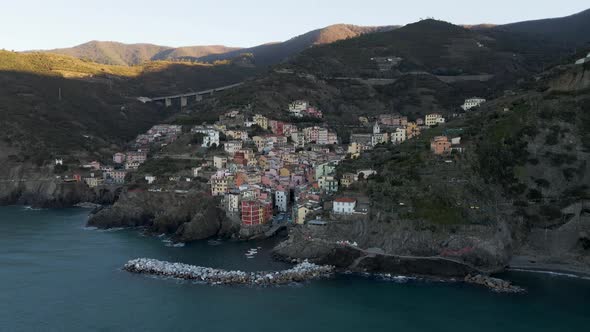 Aerial view of Riomaggiore at sunrise, Cinque Terre, Liguria, Italy.