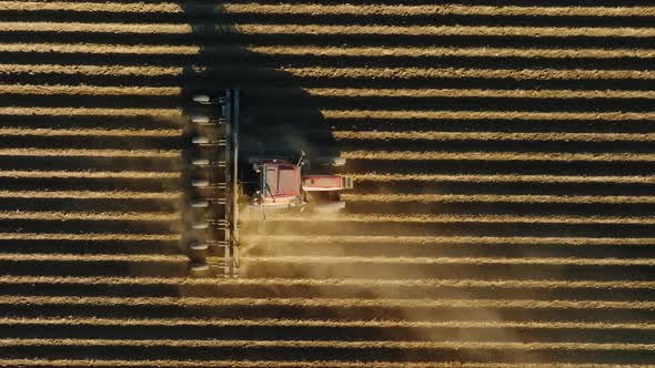 Aerial Footage of Agricultural Machinery Working in the Field Top View