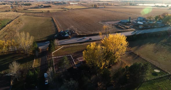 Golden evening light in Fort Collins Colorado on Mulberry street 2021 drone 4K