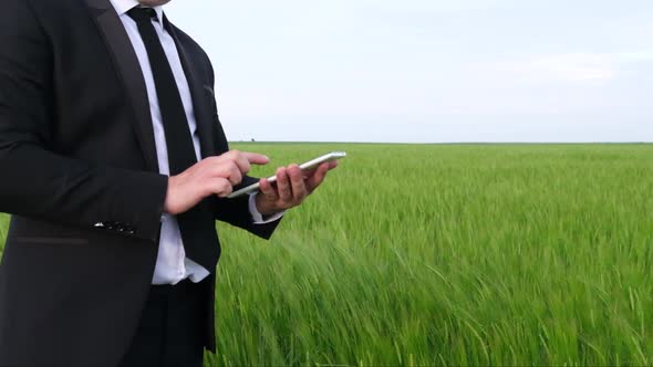 Man Businessman in Suit Using Tablet Computer in Green Wheat Field