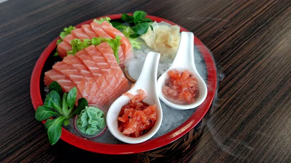 Flat Lay Top View on a Salmon Sashimi Dish
