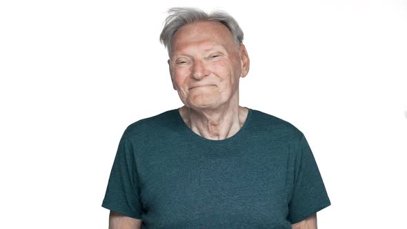 Portrait of Vivacious Old Aged Man 80s Having Gray Hair in Casual Wear Looking at Camera with Happy