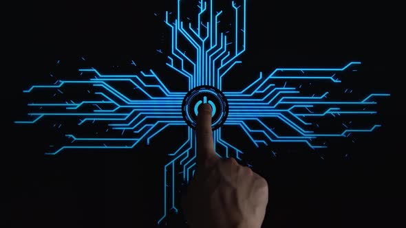 Human Finger Pushes Touch Digital Power Button With Futuristic Artificial Intelligence