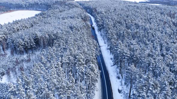 Transportation in winter. Asphalt road leading through the forest.