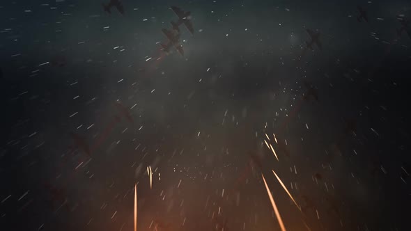 Squadron of planes flying with fiery trails of flak streaking up towards them.